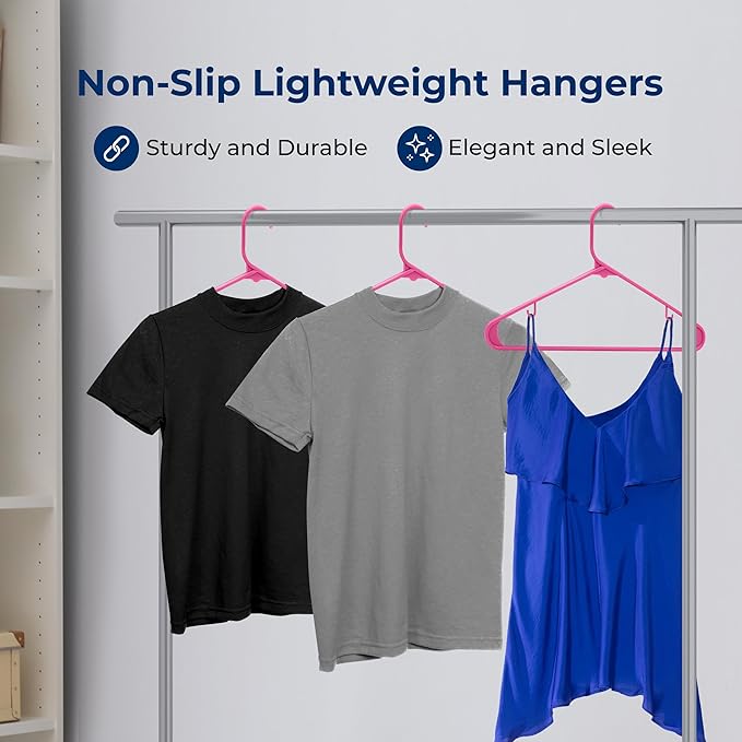 SereneLife 100-Piece Plastic Shirt Hangers – Non-Slip, Slim, Heavy Duty Clothing Hangers for Closets, Space Saving Lightweight Design for Dresses Shirts Coats and Everyday Wardrobe Organization (Pink)