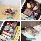 Drawer Organizer with Non-Slip Silicone Pads Set of 15,Clear Plastic Vanity Organizer Storage Bins Containers,4 Size Desk Organizer Tray