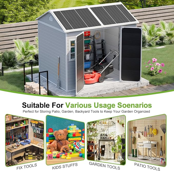 WACASA 8x6 FT Resin Plastic Shed with Floor, Heavy-Duty 21-Gauge Reinforced Steel Frame, 16mm Ultra-Thick Panels, Outdoor Storage Sheds with Awning Windows and Air Vents