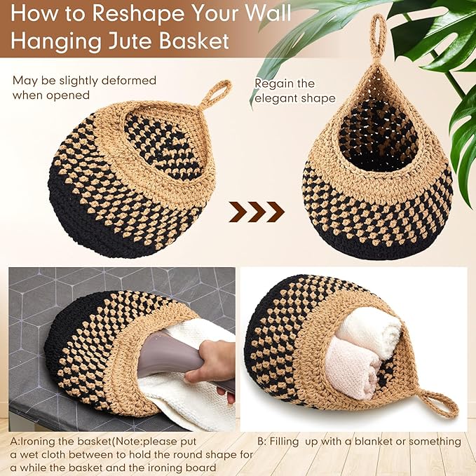 Honeydak Boho Decor Hanging Wall Baskets for Kitchen 3 Pack Teardrop Baskets with Hooks Storage Fruit Onion Vegetable Potato for Home 3 Sizes(Linen with Black,Teardrop,Cotton Rope)
