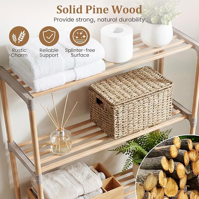 COSTWAY 3-Tier Over The Toilet Rack, Solid Wood Vertical Organizer with Slatted Shelves, Freestanding Space-Saving Toilet Storage Rack for Bathroom, Laundry Room