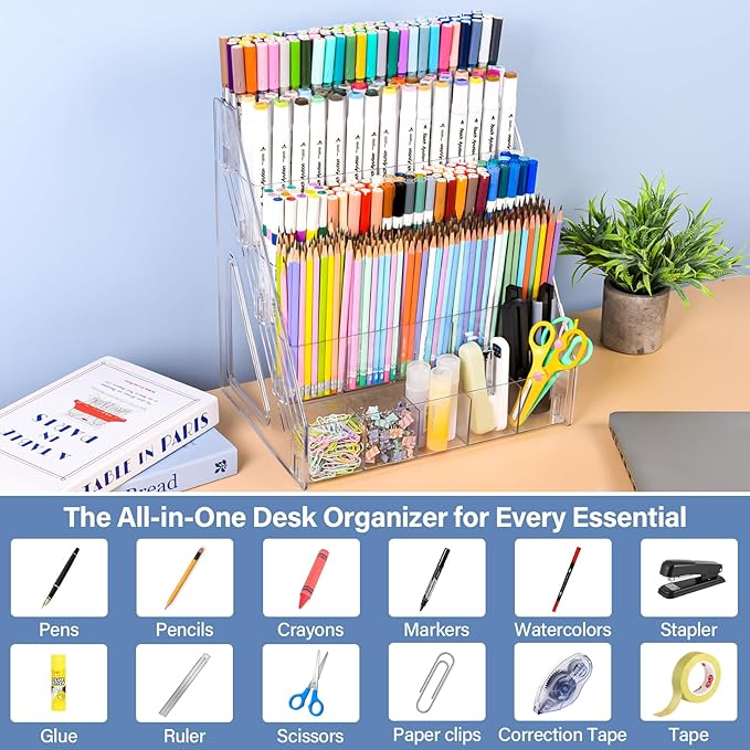 Acrylic Desk Organizer – 5 Tier 25 Compartments Vertical Storage for Pens, Markers, Art Supplies & Office Accessories – Clear Desk Storage Solution for Home, Office & School