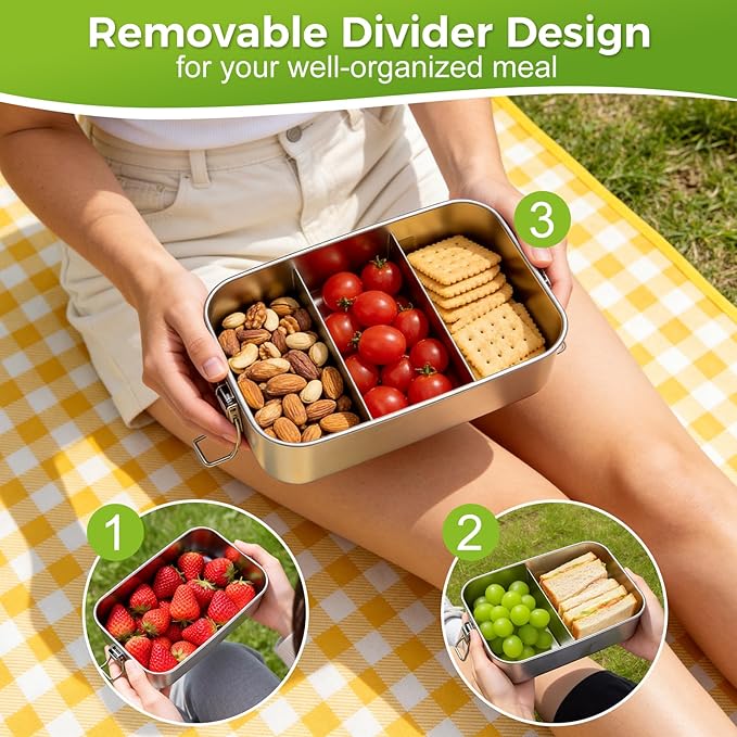 47oz Stainless Steel Bento Box for Adults, 3-Compartment Lunch Box with 2 Removable Dividers, Leak-Proof Metal Food Container, BPA-Free, Dishwasher Safe for Meal Prep, Work, Travel