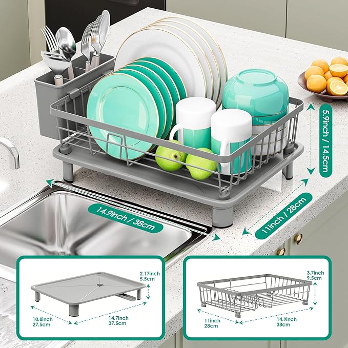 Dish Drying Rack, Stainless Steel-Dish Rack, Dish Racks for Kitchen Counter, Kitchen Dish Drainers with Removable Utensil Holder,New Drain Outlet,Plate Rack and Drainboard,(gray-11 W x 15" L)