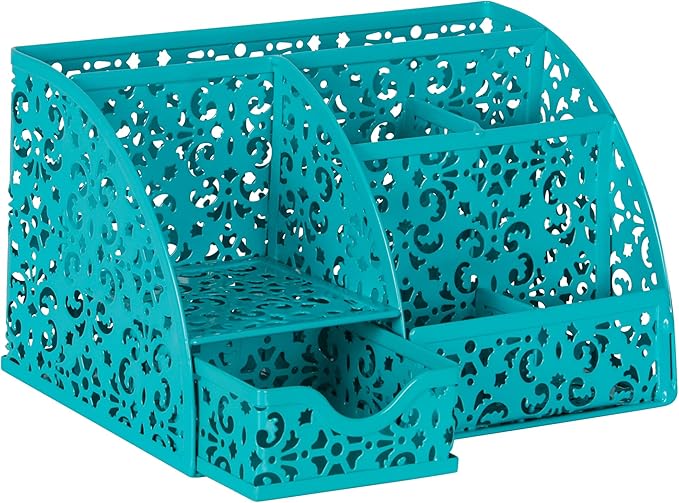 EasyPAG Desk Organizer and Pen Holder for Desk, Mesh Office Supplies Storage Caddy with Drawer for Small Space, Desktop Organizer for Home Office, Dark Teal