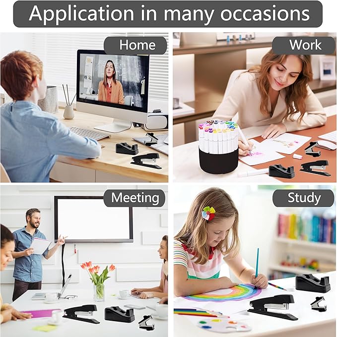 Office Desk Accessories, Black Office Supplies Accessories with Tape Dispenser, Stapler, Staple Remover, 1000 Staples, Tape, Clips Set, Ruler, Scissor, Pen