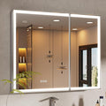 36x30 Lighted Medicine Cabinet with Mirror, Beveled Brushed Nickel Framed Surface or Recessed Fogless Dimmable LED Medicine Cabinet with Lights, Outlet, Time Display and Sensor Inner Light