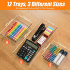 12 Pack Clear Plastic Drawer Organizer Set, Acrylic Non Slip Non Cracking Kitchen Drawer Storage Tray Large Size Divider, Multifunctional Storage for Cosmetics, Bathroom, Tools, Kitchen and Office