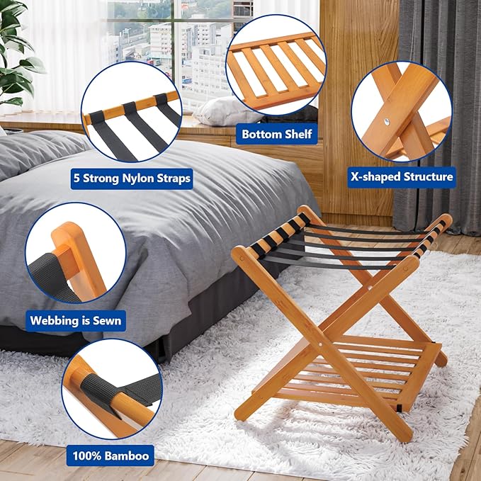 Smuxee Fully Assembled Honey Luggage Racks Pack of 2, Upgraded Bamboo Foldable Suitcase Stand with 5 Nylon Straps, Luggage Holder with Shelf for Guest Room Bedroom Hotel