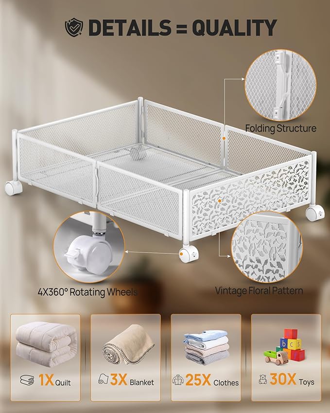 Under Bed Storage With Wheels, 4 Pack Foldable Pattern Carved Metal Under Bed Storage Containers, 60L Rolling Underbed Storage, Easy Assembly Under The Bed Storage for Shoes, Blankets...