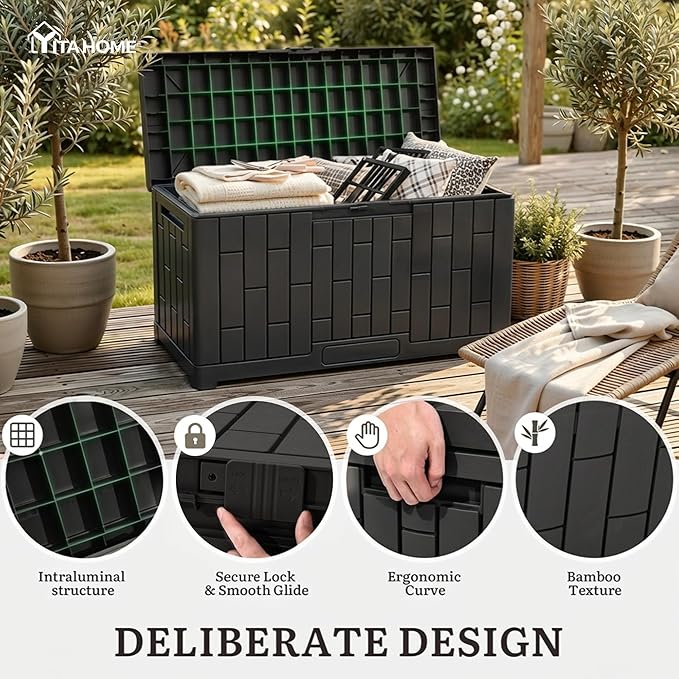 YITAHOME 60 Gallon Outdoor Storage Box, Lockable Resin Deck Box with Handles, Waterproof Outdoor Storage Box for Patio Furniture, Garden Tools and Pool Accessories, Black