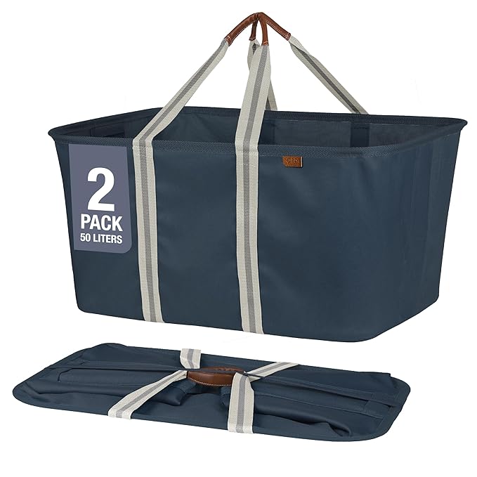 CleverMade Collapsible Laundry Tote 2-Pack (50L) – Foldable Carry-All Storage Bin for Laundry, Car Trunk, RV, Dorm & Home Organization – LUXE Cotton Blend with Vegan Leather Accents, Navy