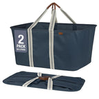 CleverMade Collapsible Laundry Tote 2-Pack (50L) – Foldable Carry-All Storage Bin for Laundry, Car Trunk, RV, Dorm & Home Organization – LUXE Cotton Blend with Vegan Leather Accents, Navy