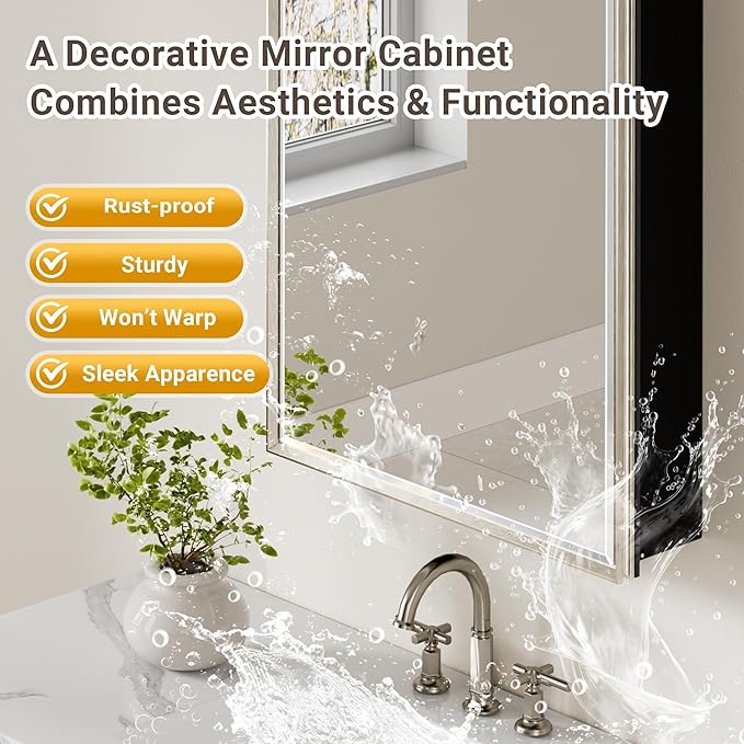 30x26 Pre-Assembled Bathroom Medicine Cabinet Mirror, Surface or Recessed Brushed Nickel Medicine Cabinet with Mirror & Rustproof Aluminum Frame, Beveled Bathroom Vanity Mirror with Storage