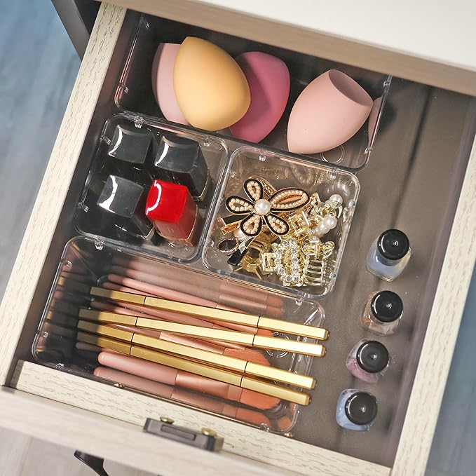 Drawer Organizer with Non-Slip Silicone Pads Set of 15,Clear Plastic Vanity Organizer Storage Bins Containers,4 Size Desk Organizer Tray