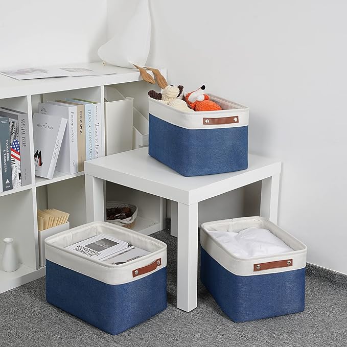 DULLEMELO Fabric Storage Basket for Closets,15x11x9.5 inch Foldable Storage Basket Bin with Handles for Office, Closet,Bedroom (White&Blue,1 Pack)