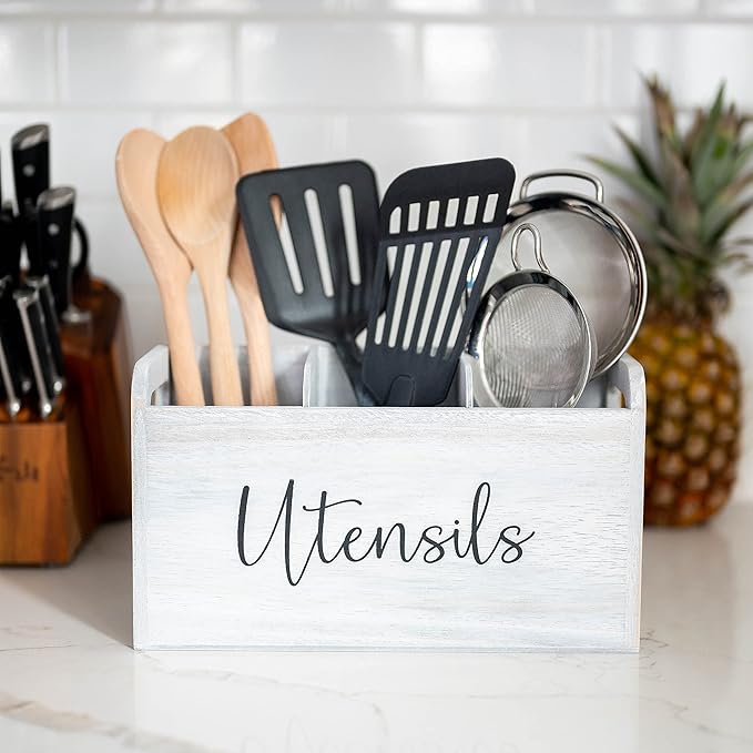 White Kitchen Utensil Holder for Countertop – Large 3-Compartment Wooden Organizer & Caddy with Drain Holes, Farmhouse Utensil Holder for Kitchen Counter, Modern Rustic Storage for Spoons & Spatulas