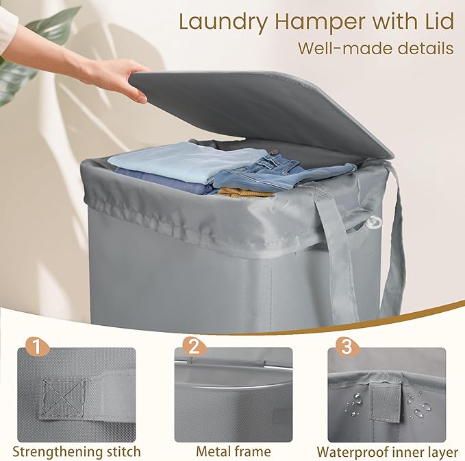 Foldable Laundry Hamper with Lid & Laundry Bag with Drawstring,Portable Laundry Basket with Easy Carry Handles,Clothes Hamper Space Saving Organizer for Bathroom,Bedroom,College Dorm,RV,Grey