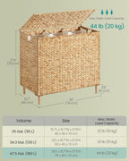 SONGMICS Laundry Hamper 3 Sections, 47.5 Gal. (180 L) Handwoven Water Hyacinth Wicker Laundry Basket with Lid, Natural Material, Removable Machine Washable Liners, Handles, Natural ULCB203Y01