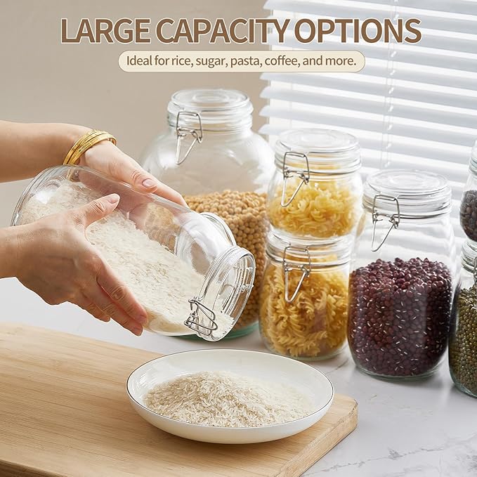 1 Gallon Glass Food Storage Jars with Airtight Lids, Set of 2 – Clear Preserving Seal Wire Clip Fastening Canisters for Kitchen Canning, Flour, Cereal, Pasta, Sugar, Beans, Pickling Jars (1gallon*2)