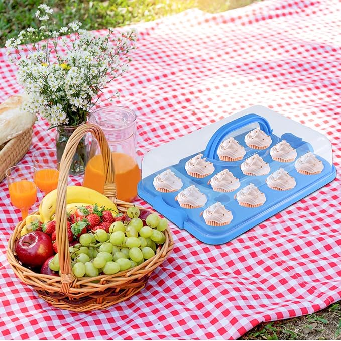 Cake Carrier with Lid, Cake Holder Cupcake Container for 12 Cupcakes 2 in 1 Portable Dessert Container for Pie Muffin Cobbler (Blue)