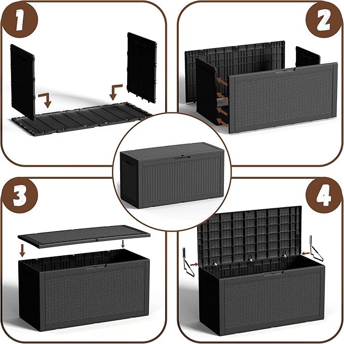 Vixzen 120 Gallon Waterproof Large Deck Box, Lockable Resin Outdoor Storage Box with Hydraulic Lid, Durable Storage Bin for Patio Furniture Cushions, Garden Tools, Pool Accessories, Black