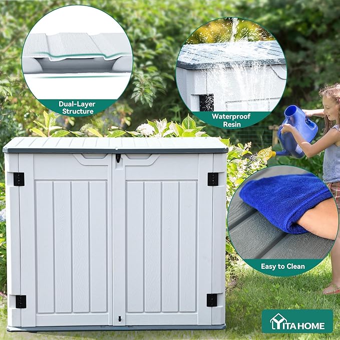 YITAHOME Outdoor Horizontal Storage Sheds w/o Shelf, 35 Cu Ft Lockable Resin Waterproof Shed, Ideal for Garden Tools, Easy to Assemble, Light Gray