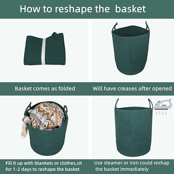Woven Cotton Rope Laundry basket-15”X20” Laundry Hamper-Rope Storage Basket for Dirty Clothes, Toys and Blankets Perfect for Bathroom, Baby nursery and Living Room Storage (dark green)