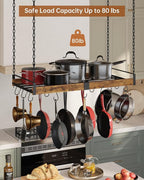 Hanging Pot Rack, 31.5x15.75 Inches Pot Hangers for Kitchen, Pan Hanging Rack with 15 S-Shaped Hooks, Vintage Ceiling Mounted Pan Holder for Cookware Storage, Rustic Brown and Black