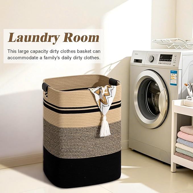 Laundry Hamper, 75L Tall Laundry Basket with Leather Handles, Rectangle Large Clothes Hamper for Organizing, Cotton Woven Laundry Baskets Storage Hampers for Bedroom, Nursery, Living Room