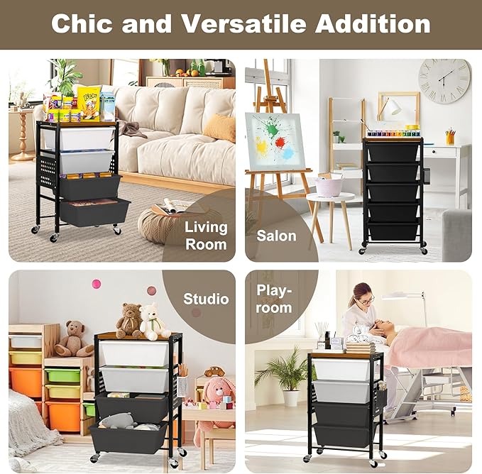Rolling Cart with Drawers, Rolling Storage Cart with Large Plastic Drawers & Wooden Tabletop, Utility Cart with Pegboards & Basket, Storage Drawers Cart for Living Room, Classroom, Bedroom, Office