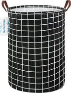 LANGYASHAN Laundry Basket Canvas Fabric Collapsible Organizer Basket for Storage Bin Toy Bins Gift Baskets Bedroom Clothes Children Nursery Hamper (Black Grid)