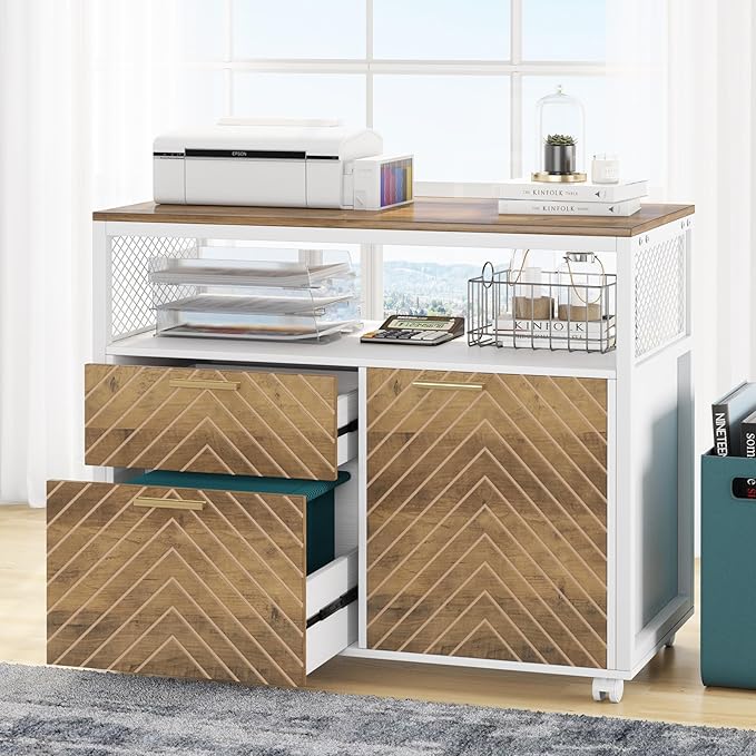 Tribesigns Modern File Cabinet with Drawers for Letter-Sized File and Door, lateral Filing Cabinet Printer Stand with Storage Shelves and with Rolling Caster for Home Office