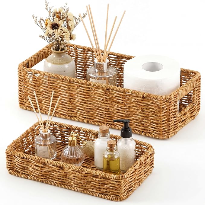 2 Pcs Toilet Paper Basket for Back of Toilet Wicker Anti-Vine Basket Topper and Vanity Tray Set with Built-in Handles for Paper Hand Towel, Bathroom, Home, Spa(Dark Brown)