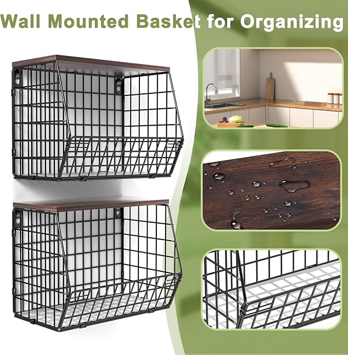 Fruit Basket for Kitchen Counter 2 Tier Fruit Bowl, Stackable Wall Mounted Hanging Fruit Basket Wire Baskets with Wood Lid with 4 Banana Hanger Hooks, Onion Basket, Fruit and Vegetable Storage