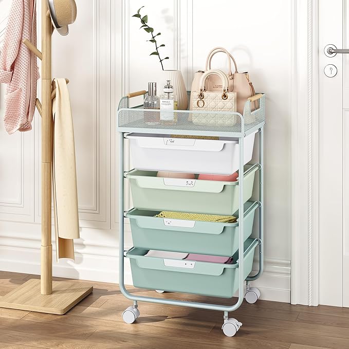 Rolling Utility Storage Cart with 4 Drawers - 4 Tiers Rolling Cart Craft Cart, Storage Drawer Cart Organizer for Craft Room Office Bedroom Classroom with Mesh Top & 4 PCS DIY Lable, Green