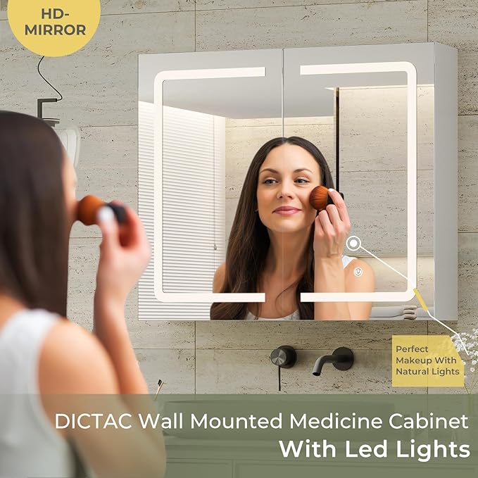 DICTAC Bathroom Medicine Cabinet with Mirrors and Led Lights 27.6x23.62 inch Double Doors Wall Mounted Mirror Cabinet with Storage Organizer Lighted Medicine Cabinets with Adjustable Shelves,White