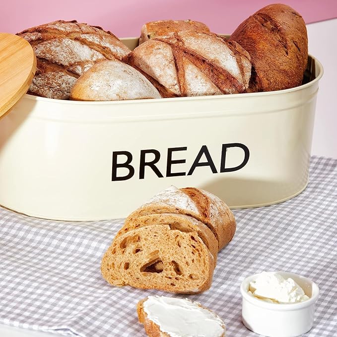 RoyalHouse Premium Metal Bread Box with Bamboo Lid (Pack of 2) Stainless Steel Large Bread Bin Storage Container And Organizer for Kitchen Countertop, Vintage Style Kitchen Decor
