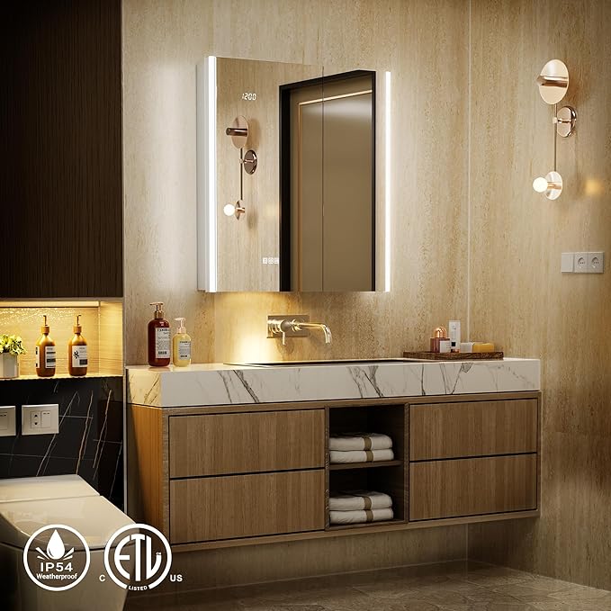 36x30 Fogless Lighted Medicine Cabinet Mirror with Lights & Smart Night Lamp -Surface or Recessed Medicine Cabinet Mirror with Outlet & Clock,Dimmable LED Storage Mirror,Built-in Sensor Light