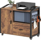 HSH Mobile File Cabinet with Lock, 1-Drawer Rolling lateral Filling Cabinet on Wheels, Wood Printer Stand with Open Storage Shelves & Hanging File Rack, File Cabinets for Home Office,Rustic Brown,33In