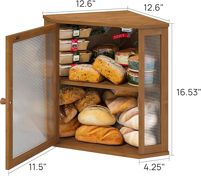 Corner Bread Box for Kitchen Counter, Bamboo Wood Large Capacity Bread Storage Bin with Acrylic Wavy Door Panel (Brown, Extra Large)