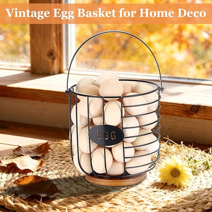 6.5'' Farmhouse Egg Basket for Gathering Fresh Eggs, Metal Egg Holder Countertop for Chicken Eggs, Round Metal Wire Basket with Handle & Wooden Base, Vintage Kitchen Decor(Style 2-Lantern)