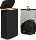 60L Slim Laundry Hamper, Narrow Laundry Basket with Lid,Foldable Clothes Hamper with Bamboo Handles,Hamper Basket with Removable Inner Bag for Laundry Room Bedroom College Dorm,Black