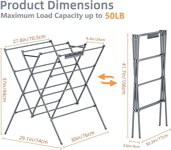 HOMIDEC Drying Rack Clothing,Large 12 Drying Poles with Sock Clips Clothes Drying Rack,Foldable Portable Laundry Drying Rack for Air Drying Clothing,Towels,Delicate Eac,Indoor Outdoor Use.Silver