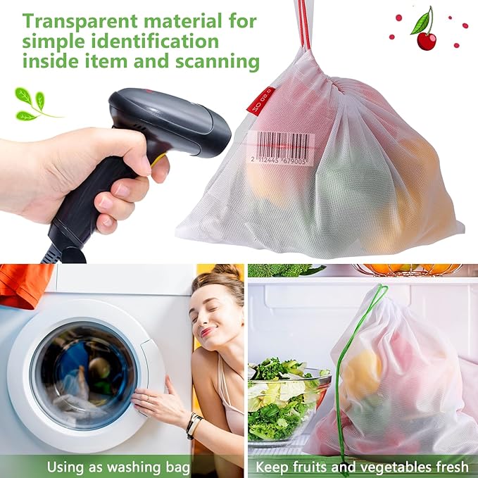 Dyrfolm15 Pack Reusable Produce Bags,See-Through Vegetable Storage Bags with Drawstring &Colorful Tare Weight Tags,Washable Mesh Produce Bags for Grocery Shopping,Fruits,Vegetable(3 Sizes)