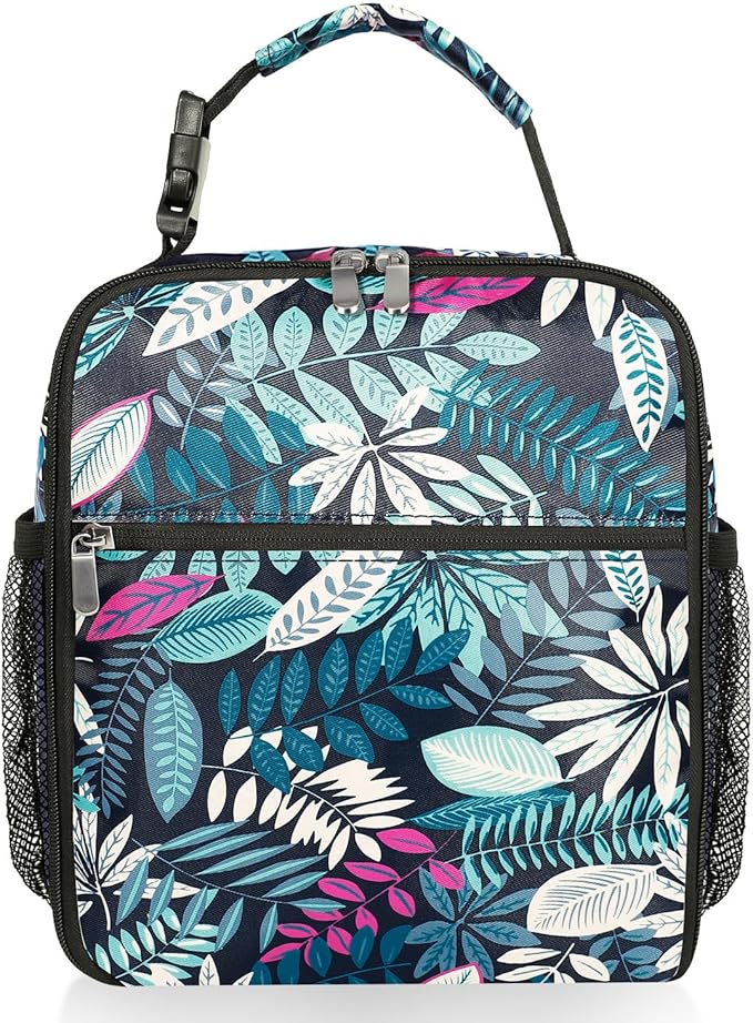 Small Lunch Box Insulated Lunch Bag for Men Women Kids, Reusable Lunch Bags Portable Small Lunch boxes Cooler Bag for School/Work/Picnic, Green Leaves 12-Can(6.5L)