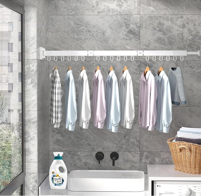 Clothes Drying Rack, Laundry Drying Rack Wall Mount for Bathroom, Retractable and Foldable Clothes Hanging Rack with U-Hooks for Laundry Room, Balcony, Closet, Bedroom(Tri-Fold), White