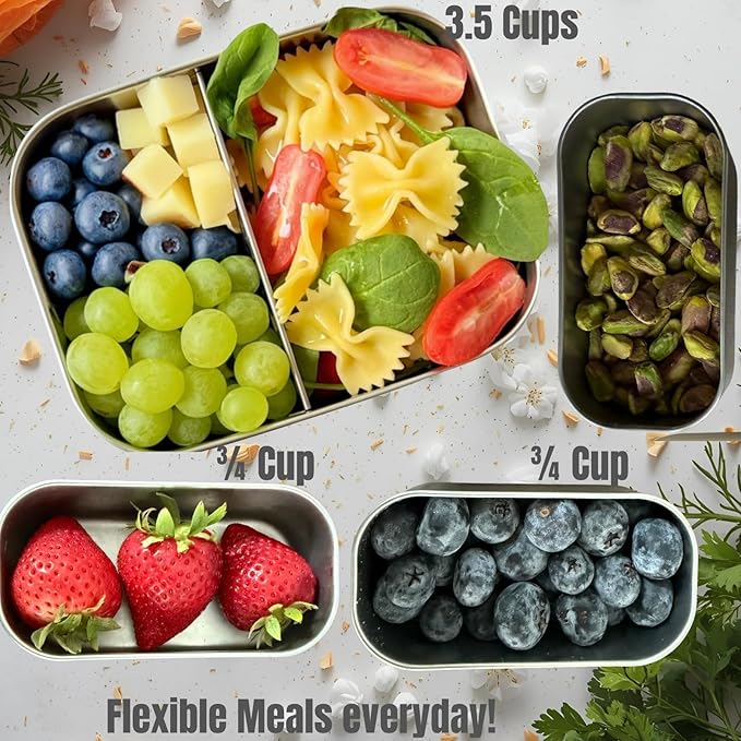 Leak Proof Stainless Steel Lunch Box Containers, 27 OZ , Stainless Steel Bento Box , Metal Lunch Box, Sandwich & Snack Containers , SIlicone Lids , Korean Style,Small Vanilla ( 1 x 27oz + 2 x 6.5 OZ )