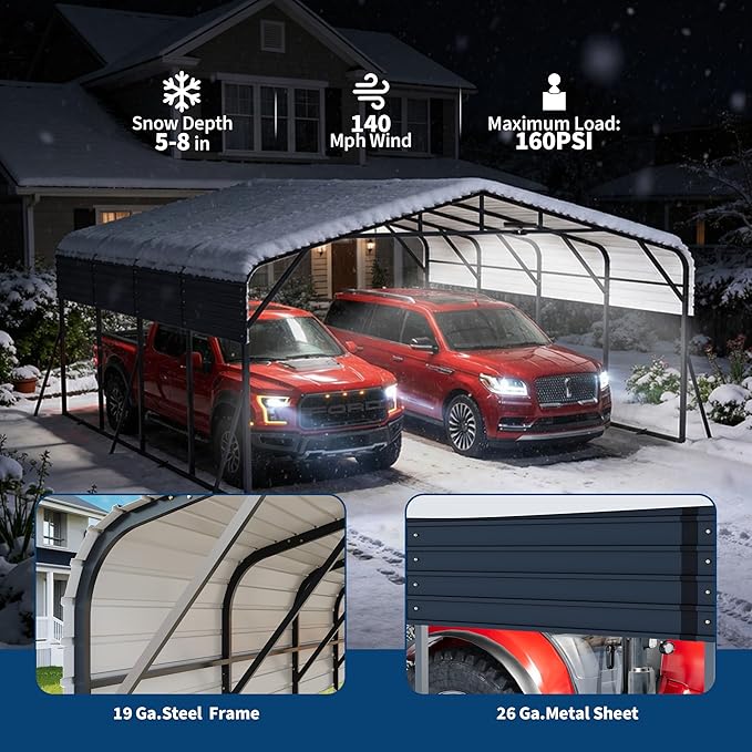20x20FT Heavy Duty Metal Carport w/Led Light,Outdoor Portable Car Garage,Reinforced Base & Galvanized Steel Roof, Outdoor Car Port Canopy Shelter for Boats, Full-Sized Pickup Trucks