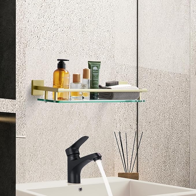LANC Gold Bathroom Shelf Glass Shelves 20-Inch Floating Tempered Glass Shelf Rectangular Modern Stainless Steel Wall Mounted Cologne Shelves for Men Shower Bathroom Kitchen Organizers，A7613BG